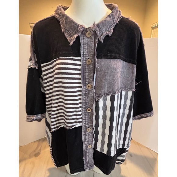 Oli & Hali Tops - Oli & Hali Women's Patchwork Button Up Shirt Black Grey Stripe Raw Hem Boho L